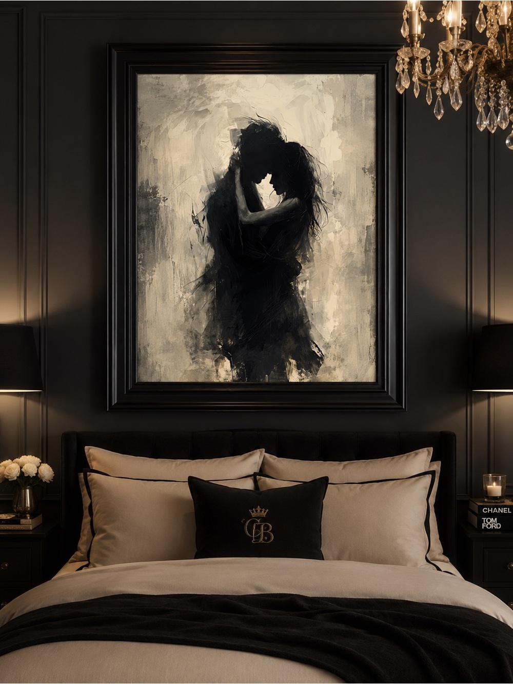 Romantic Couple Abstract Wall Art Black Cream Moody Luxury Bedroom Print 8x10